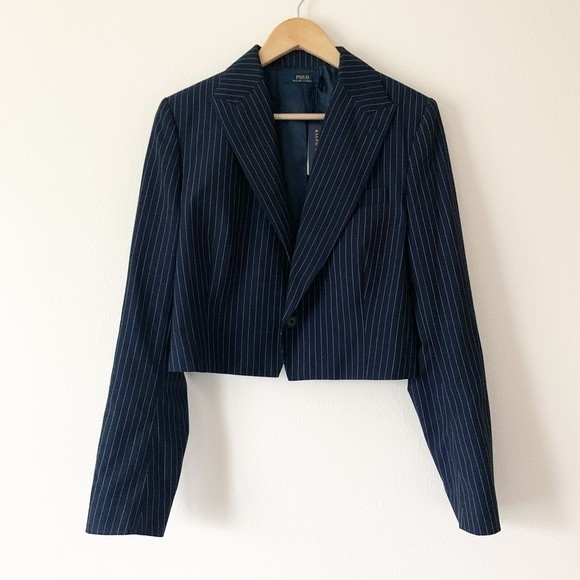 NWT Polo Ralph Lauren Cropped Navy 100% Wool Striped Blazer - Picture 2 of 8